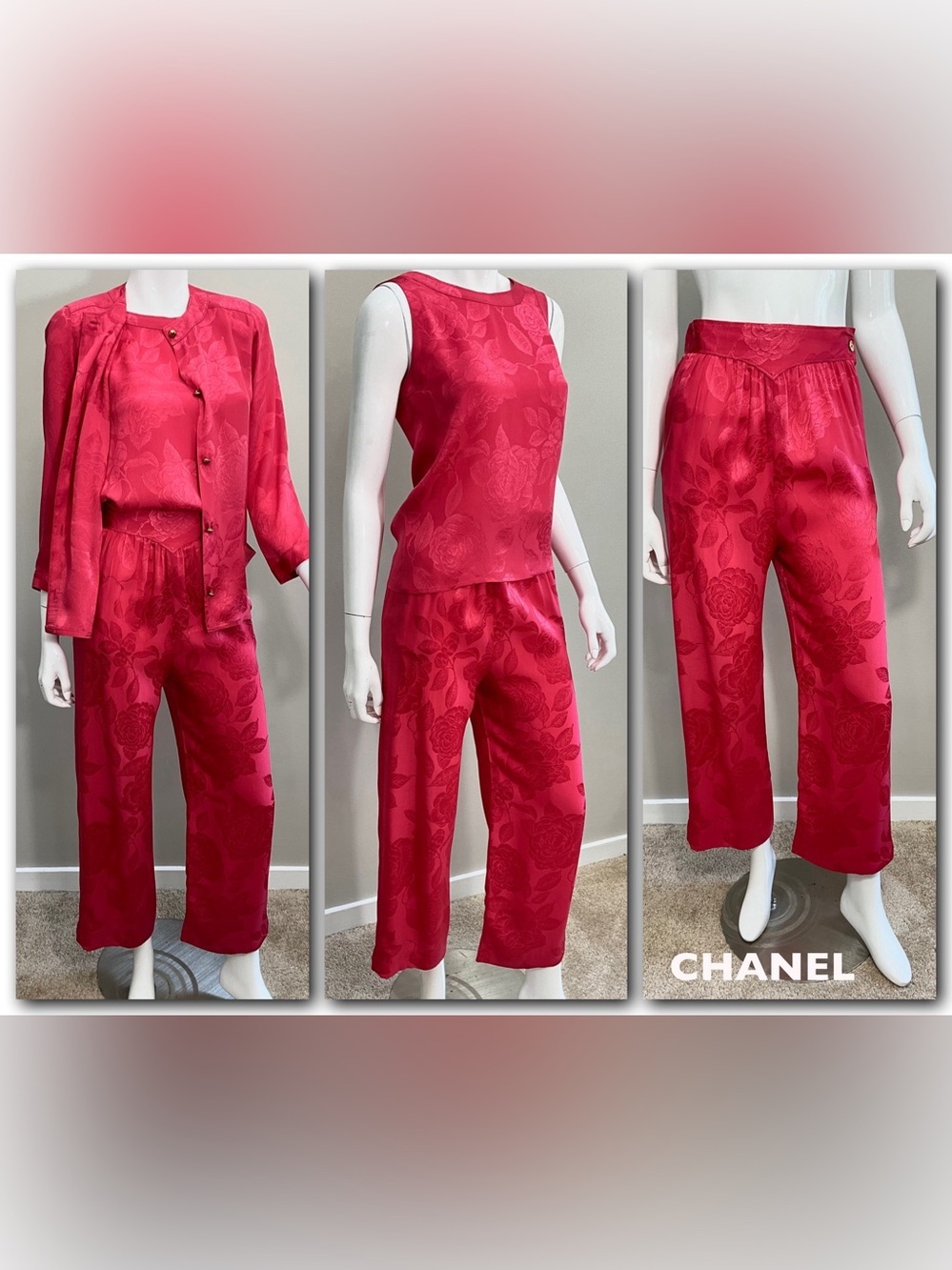 CHANEL Vintage 3 Pc Red Silk Floral Jacquard Pantsuit Set Jacket Top Pants XS/S